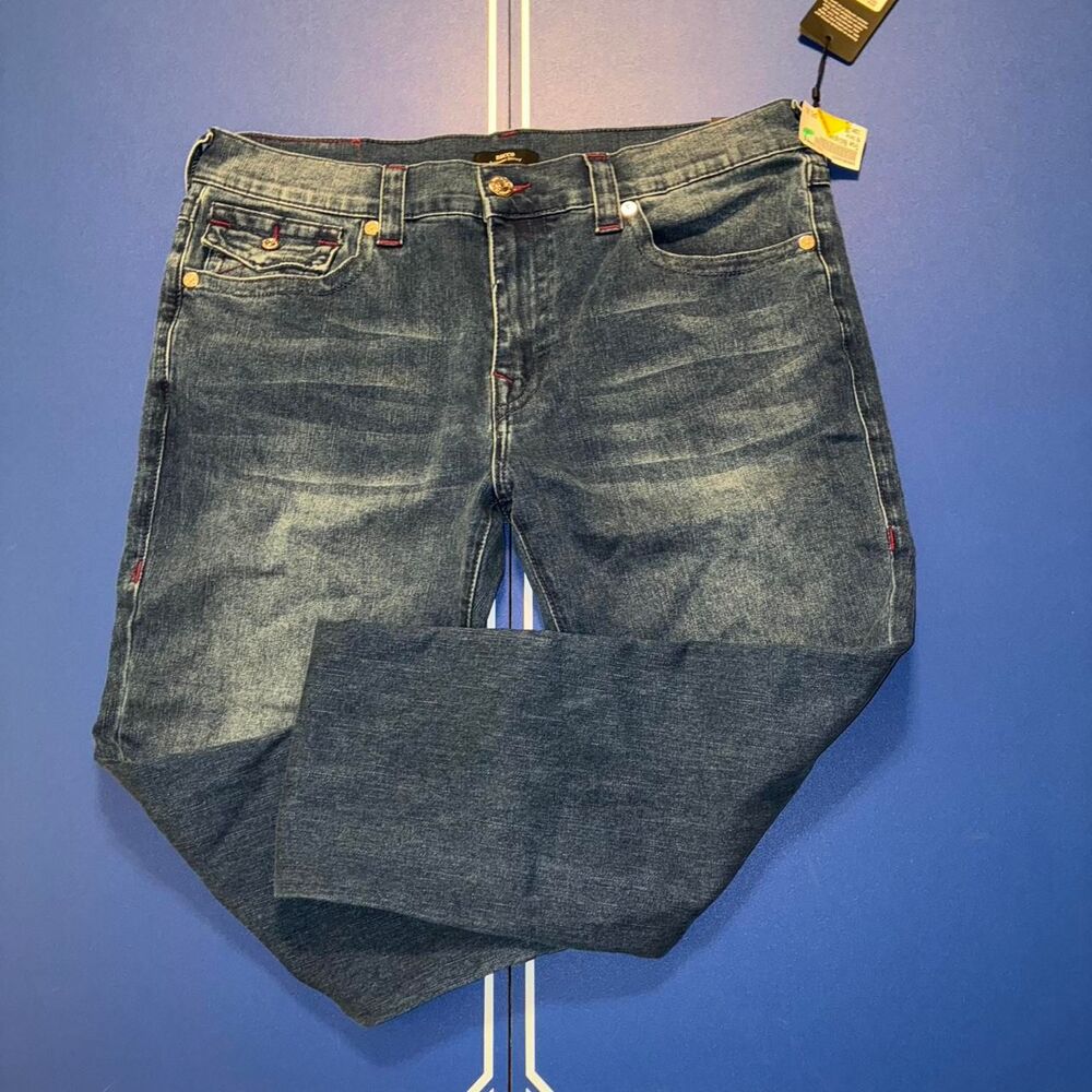 True Religion dark blue denim jeans with red accents relaxed fit
